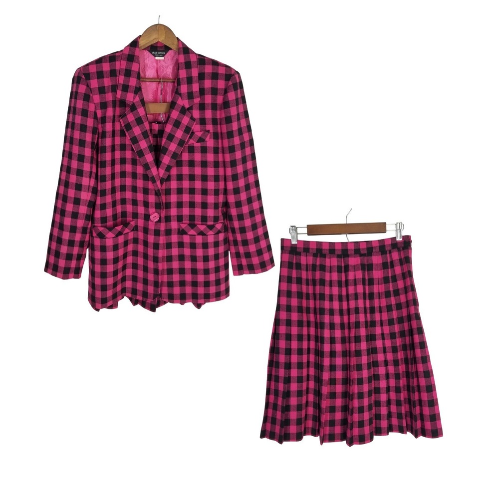 VTG Chad Stevens Pink Black‎ Buffalo Check Skirt Suit Set Clueless 10/12